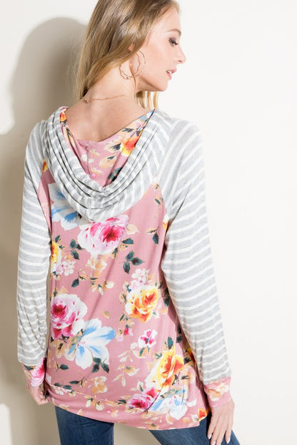 STRIPE FLORAL MIXED HOODIE SWEATSHIRT TOP