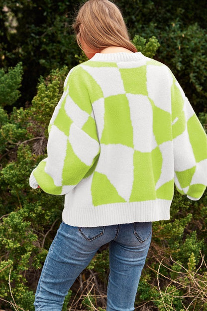 Multi Geo Checker Pullover Knit Sweater Top