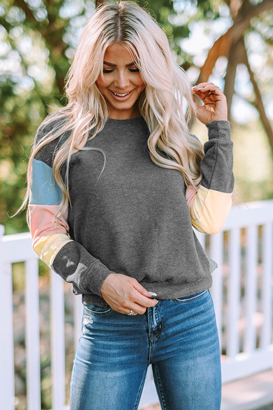 Gray Colorblock Long Sleeve Pullover Sweatshirt