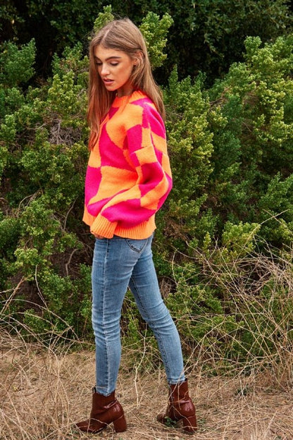 Multi Geo Checker Pullover Knit Sweater Top