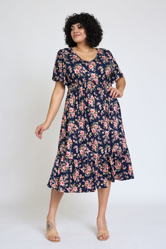 Floral Angel Sleeve Midi Dress