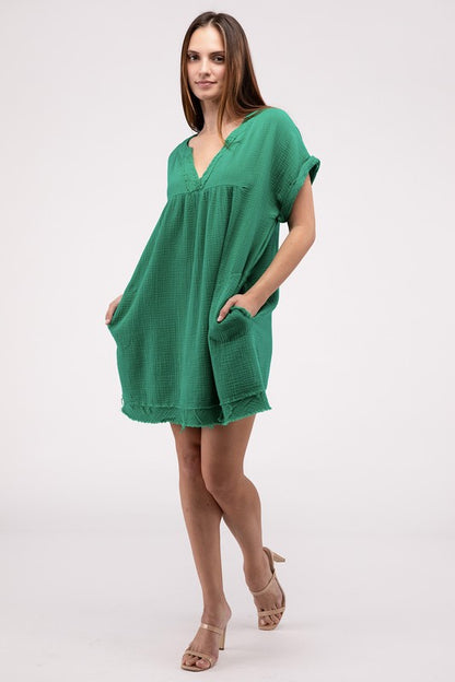 Gauze Rolled Short Sleeve Raw Edge V-Neck Dress