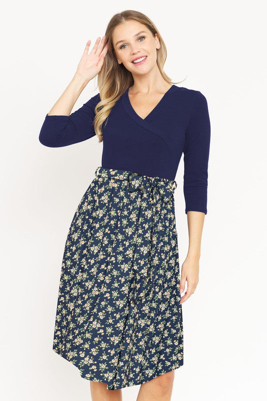 Surplice Floral Sash Midi Dress