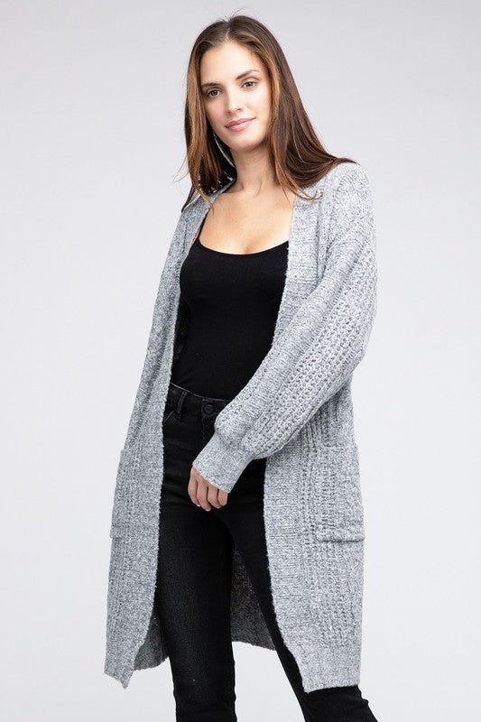 Twist Knitted Open Front Cardigan With Pockets