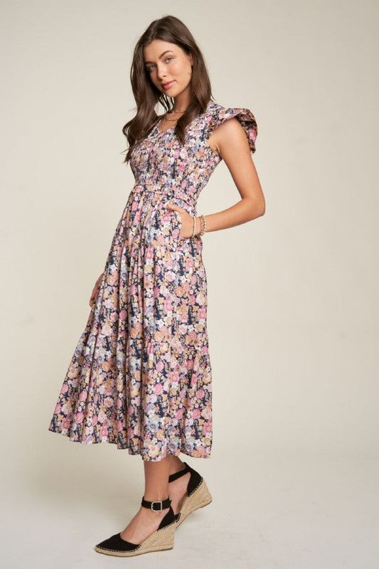 Vintage Garden Floral Flutter Smocking Midi Dress