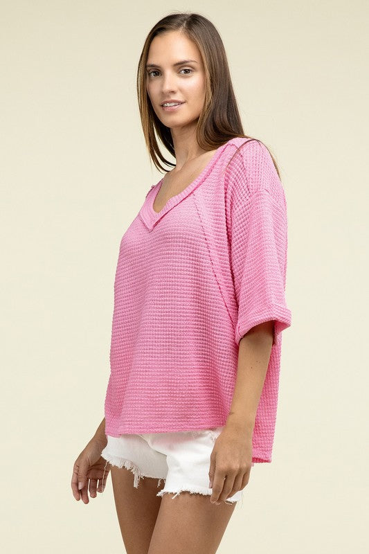 Brushed Waffle Exposed-Seam 3/4 Sleeve Top