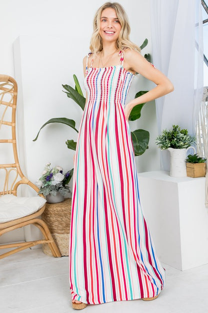 PLUS STRIPE SMOCKED MAXI DRESS