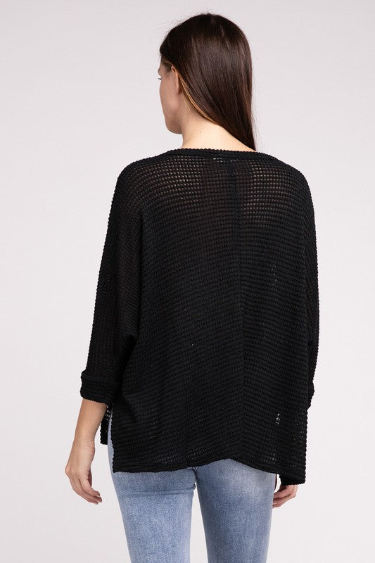 3/4 Sleeve V-Neck Hi-Low Hem Jacquard Sweater