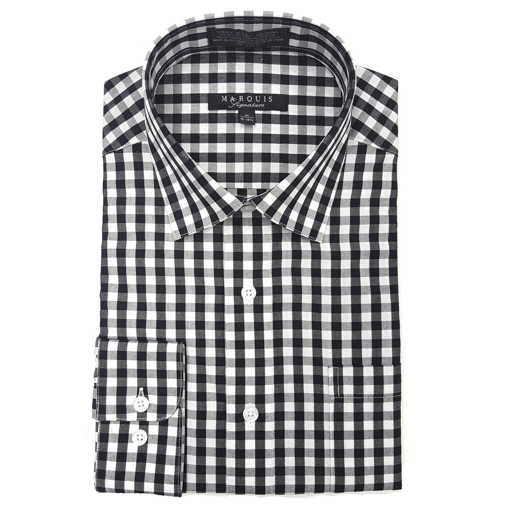 MashasCorner.com  From the Marquis Signature Collection - Gingham Modern Fit Long Sleeve Button Down Shirts  Premier shirts for over 30 years and experience built on high quality fashion, design and durability. Single Needle Tailoring.  Featured Colors: Multiple  Print Pattern: Gingham     Sizes featured: Currently 1X, 2X and 3X  Neck Sizes: 17-17.5 18.5 19.5  See Size Chart     Cuff type: Button Cuffs  Material: 55% Cotton / 45% Polyester