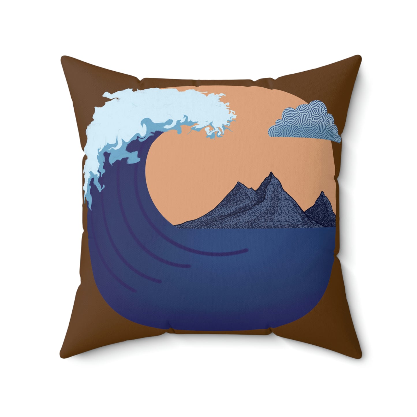 Spun Polyester Square Pillow Case ”Wave on Brown”