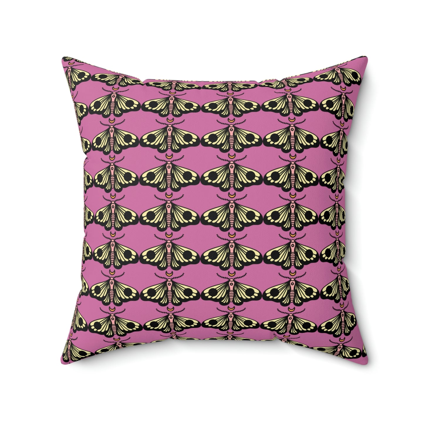 Spun Polyester Square Pillow Case “Moth Black Pattern on Light Pink”