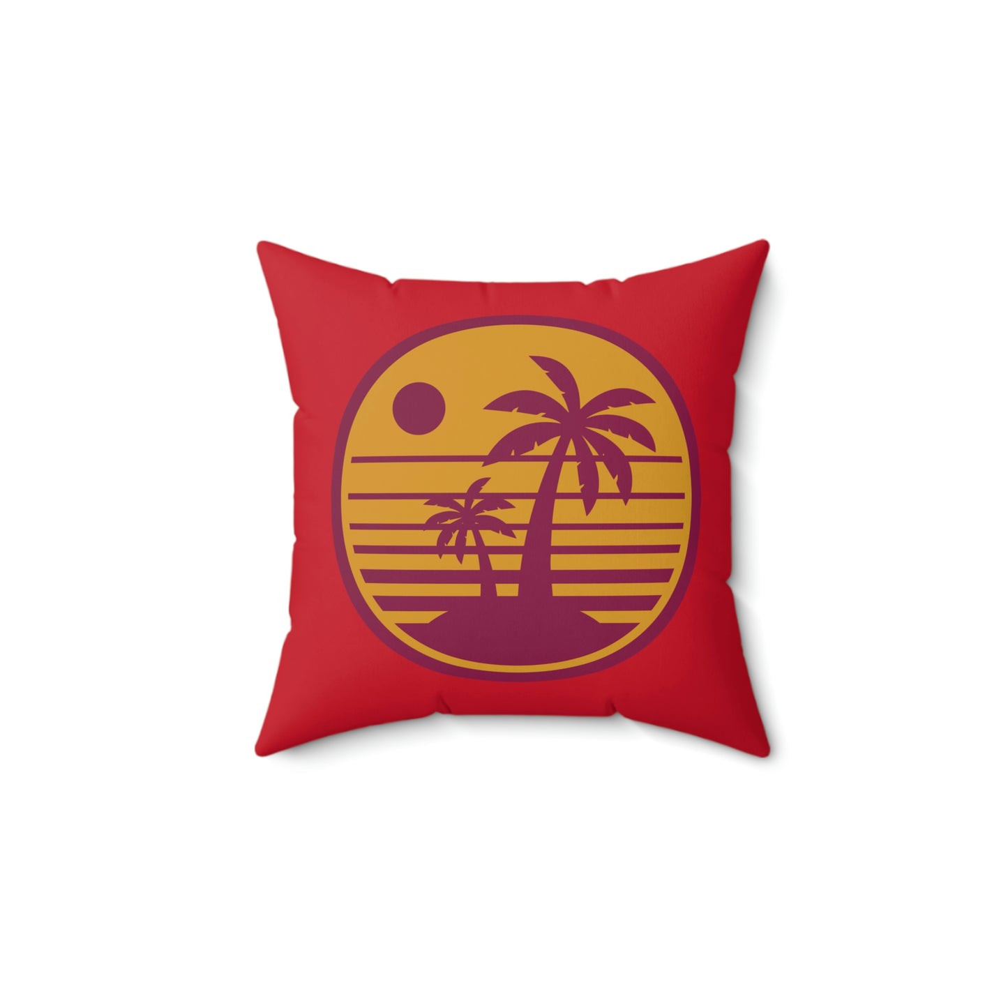 Spun Polyester Square Pillow Case "Retro Beach Sunset on Dark Red”