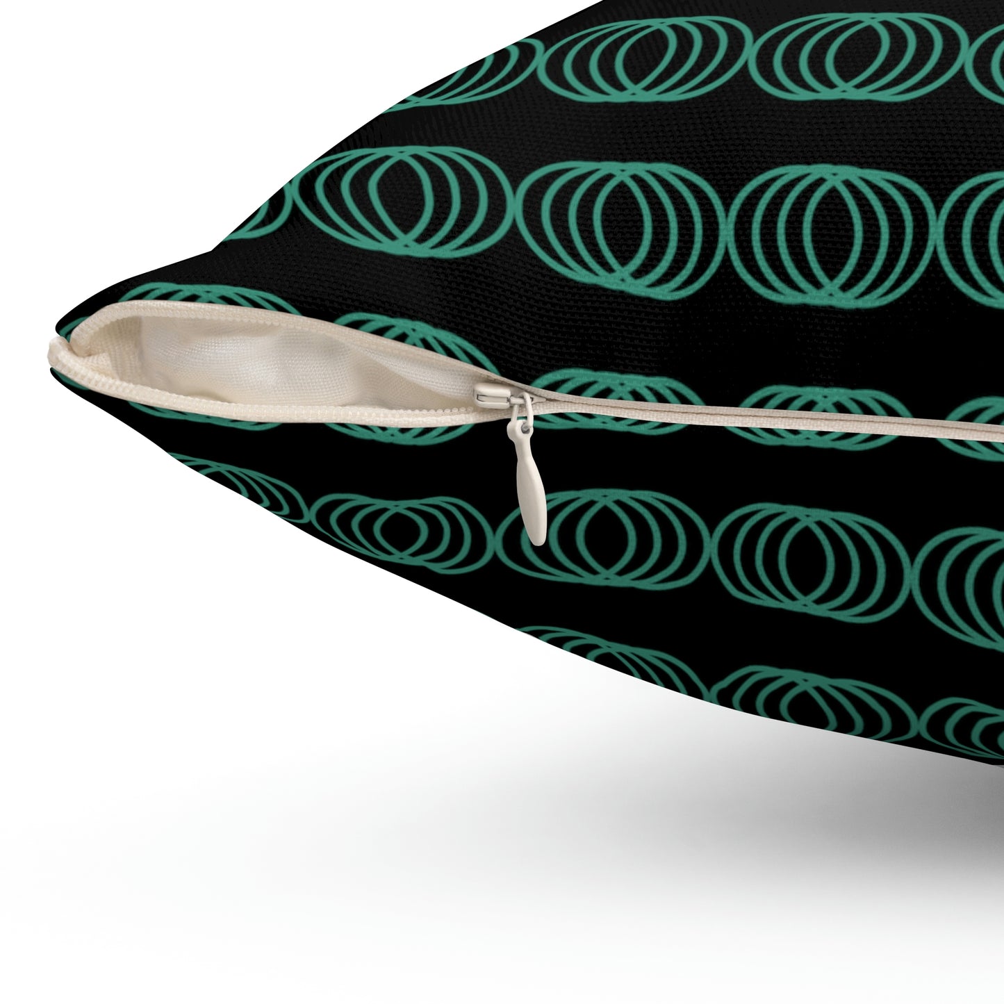 Spun Polyester Square Pillow Case "Green Circles on Black”