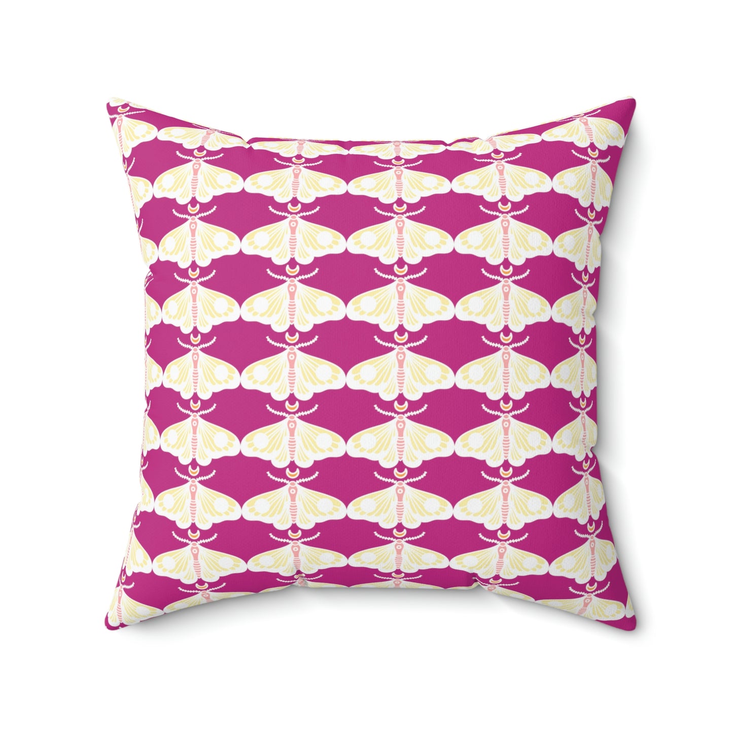 Spun Polyester Square Pillow Case “Moth White Pattern on Pink”