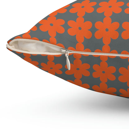 Spun Polyester Square Pillow Case “Retro Flower on Dark Gray”