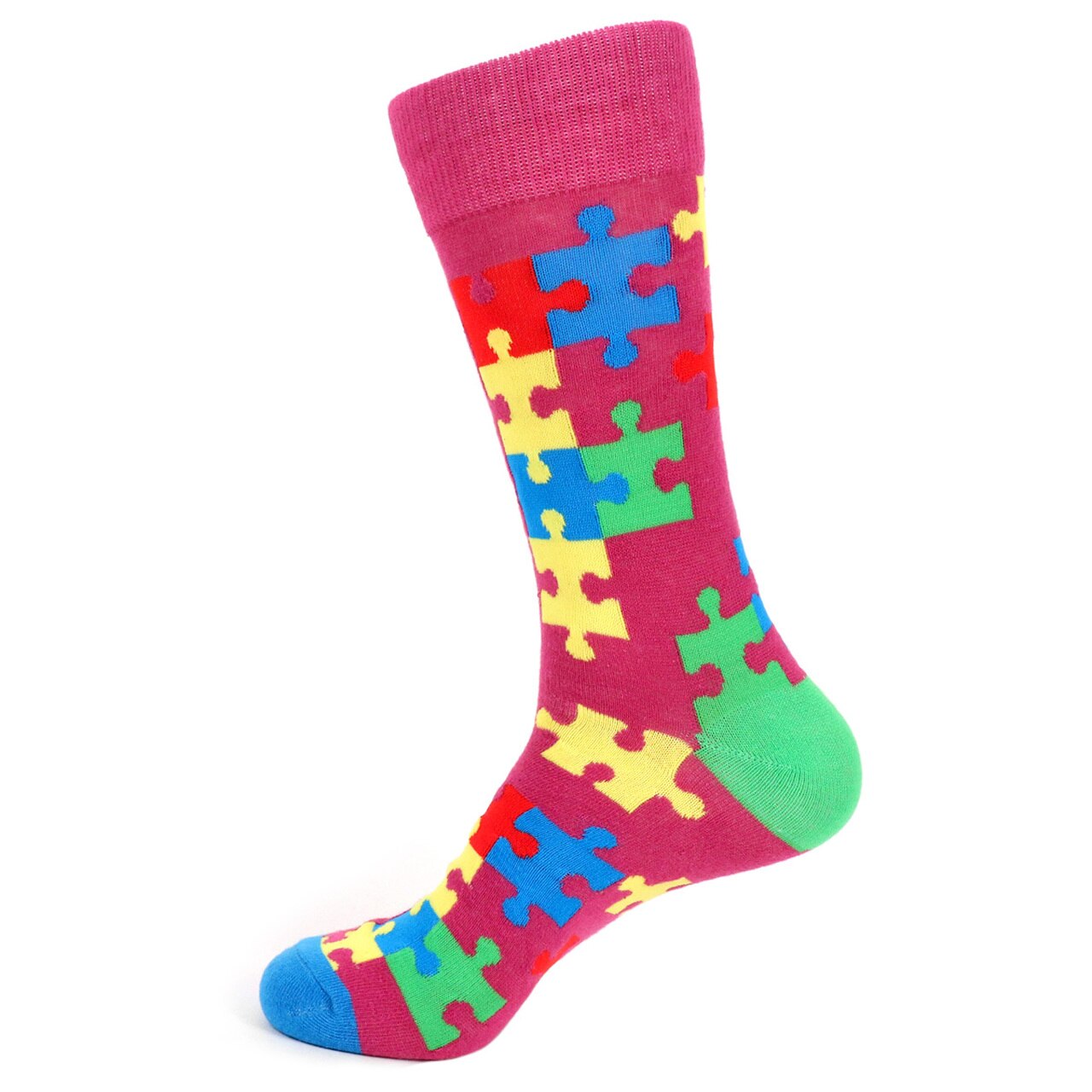 MashasCorner.com   Autism Awareness Novelty Socks with illustrated Color Puzzle Pieces - Very Nice!  Add some fun to your outfit with our Novelty Socks. These socks are perfect for when you have to maintain being a professional but still have that burning desire to be fun & silly! These socks are super soft & comfy.  70% Cotton, 25% Polyester, 5% spandex Sock size: 10-13 Shoe size: 6-12.5 Machine wash, tumble dry low Imported