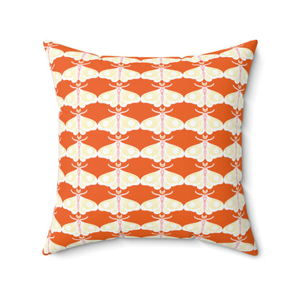Spun Polyester Square Pillow Case “Moth White Pattern on Orange”