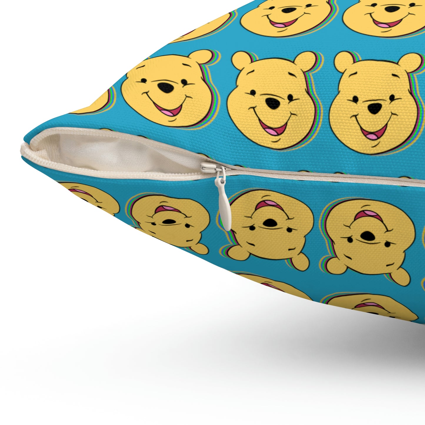 Spun Polyester Square Pillow Case “Trip Pooh on Turquoise”