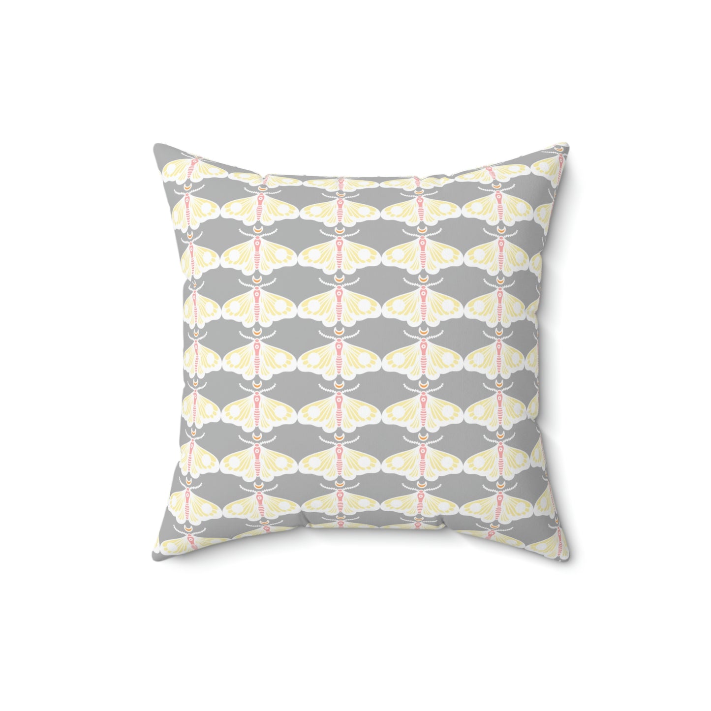 Spun Polyester Square Pillow Case “Moth White Pattern on Light Gray”