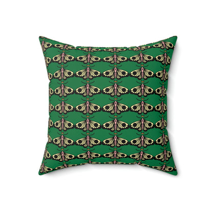 Spun Polyester Square Pillow Case “Moth Black Pattern on Dark Green”