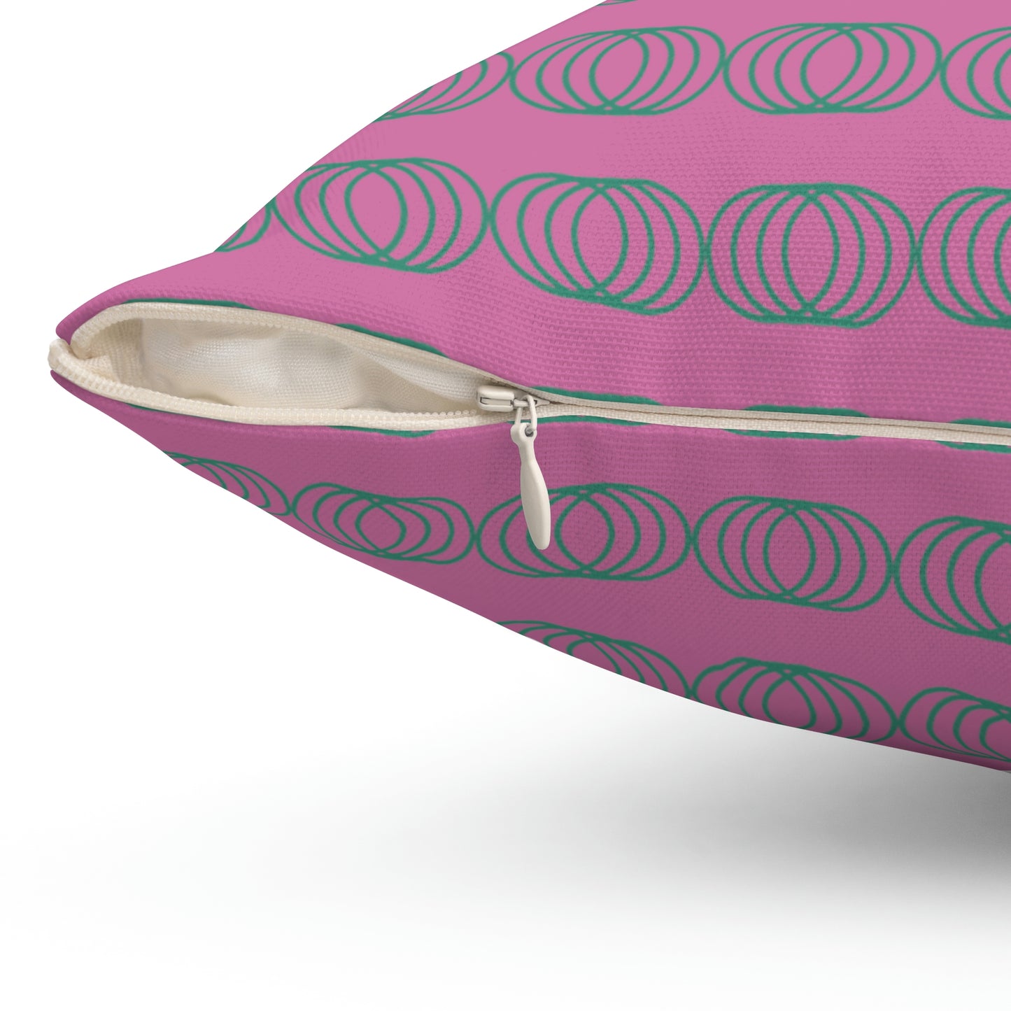 Spun Polyester Square Pillow Case "Green Circles on Light Pink”