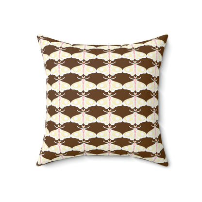 Spun Polyester Square Pillow Case “Moth White Pattern on Brown”