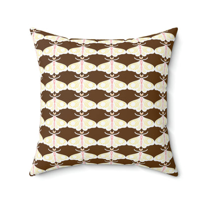 Spun Polyester Square Pillow Case “Moth White Pattern on Brown”