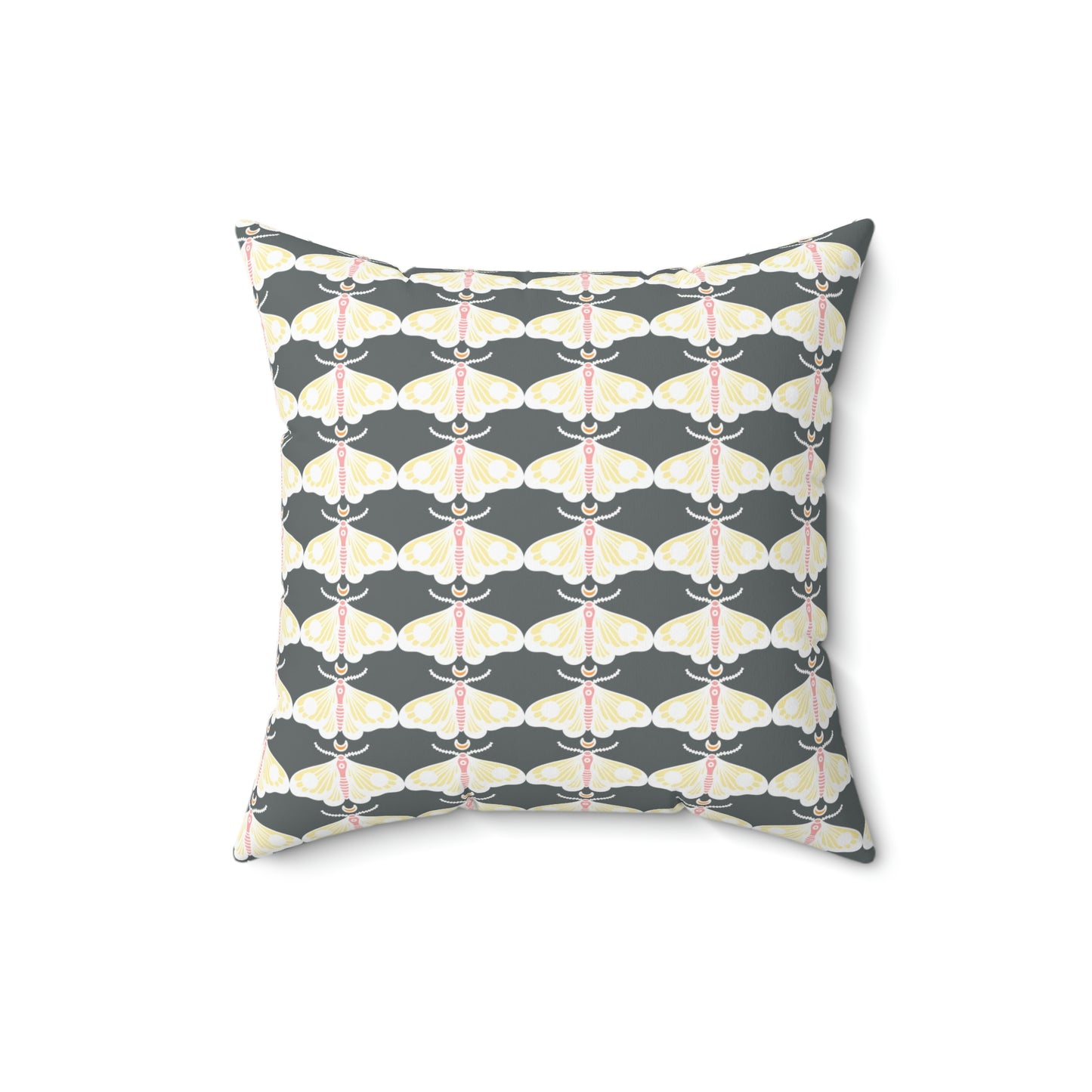 Spun Polyester Square Pillow Case “Moth White Pattern on Dark Gray”