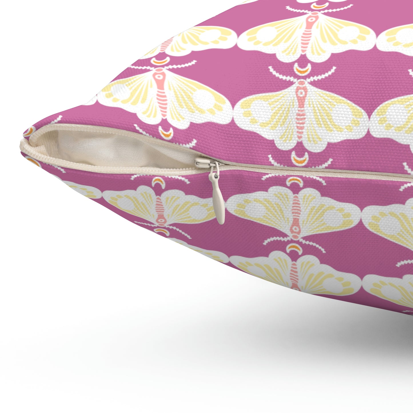 Spun Polyester Square Pillow Case “Moth White Pattern on Light Pink”