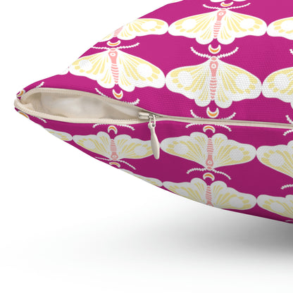 Spun Polyester Square Pillow Case “Moth White Pattern on Pink”