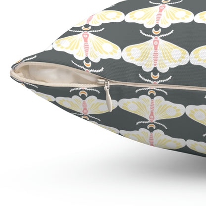 Spun Polyester Square Pillow Case “Moth White Pattern on Dark Gray”