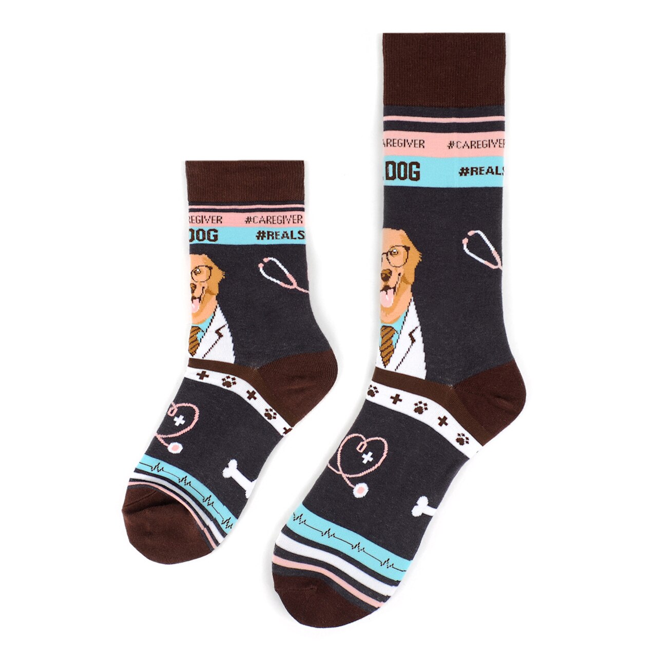 MashasCorner.com   Health Care Heroes -Dr. Dog- Ultra Premium Novelty Socks  Material: 68% cotton, 29% polyester, 3% spandex Sizes: available in S/M and L/XL S/M: men shoe size: 4.5-7.5, ladies shoe size: 5.5-9.5 L/XL: men shoe size: 8-12, ladies shoe size: 10-10.5 Unisex style