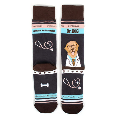 MashasCorner.com   Health Care Heroes -Dr. Dog- Ultra Premium Novelty Socks  Material: 68% cotton, 29% polyester, 3% spandex Sizes: available in S/M and L/XL S/M: men shoe size: 4.5-7.5, ladies shoe size: 5.5-9.5 L/XL: men shoe size: 8-12, ladies shoe size: 10-10.5 Unisex style