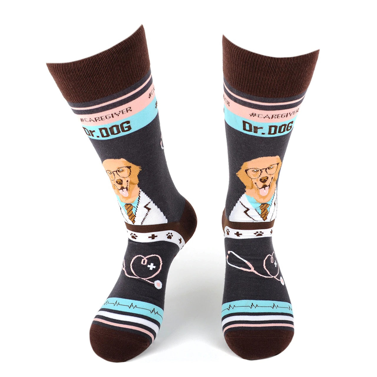 MashasCorner.com   Health Care Heroes -Dr. Dog- Ultra Premium Novelty Socks  Material: 68% cotton, 29% polyester, 3% spandex Sizes: available in S/M and L/XL S/M: men shoe size: 4.5-7.5, ladies shoe size: 5.5-9.5 L/XL: men shoe size: 8-12, ladies shoe size: 10-10.5 Unisex style