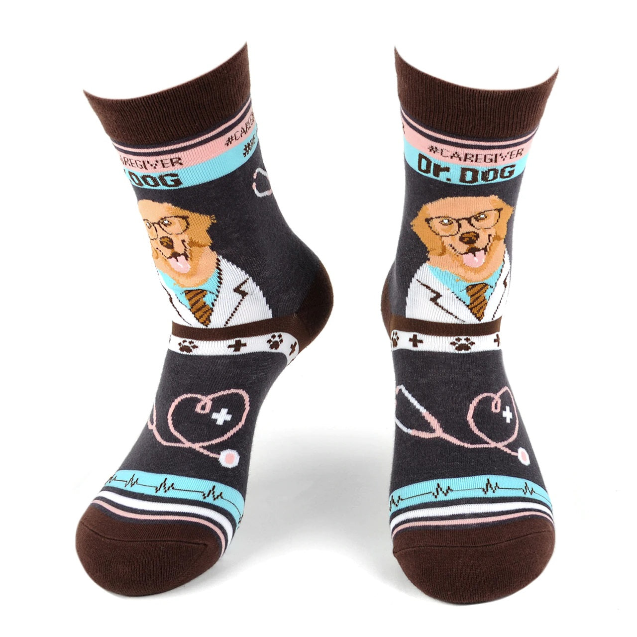 MashasCorner.com   Health Care Heroes -Dr. Dog- Ultra Premium Novelty Socks  Material: 68% cotton, 29% polyester, 3% spandex Sizes: available in S/M and L/XL S/M: men shoe size: 4.5-7.5, ladies shoe size: 5.5-9.5 L/XL: men shoe size: 8-12, ladies shoe size: 10-10.5 Unisex style