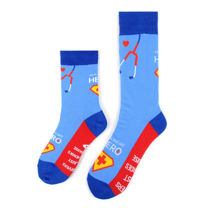 MashasCorner.com   Health Care Heroes -Superheroes- Ultra Premium Socks  Material: 68% cotton, 29% polyester, 3% spandex Sizes: available in S/M and L/XL S/M: men shoe size: 4.5-7.5, ladies shoe size: 5.5-9.5 L/XL: men shoe size: 8-12, ladies shoe size: 10-10.5 Unisex style