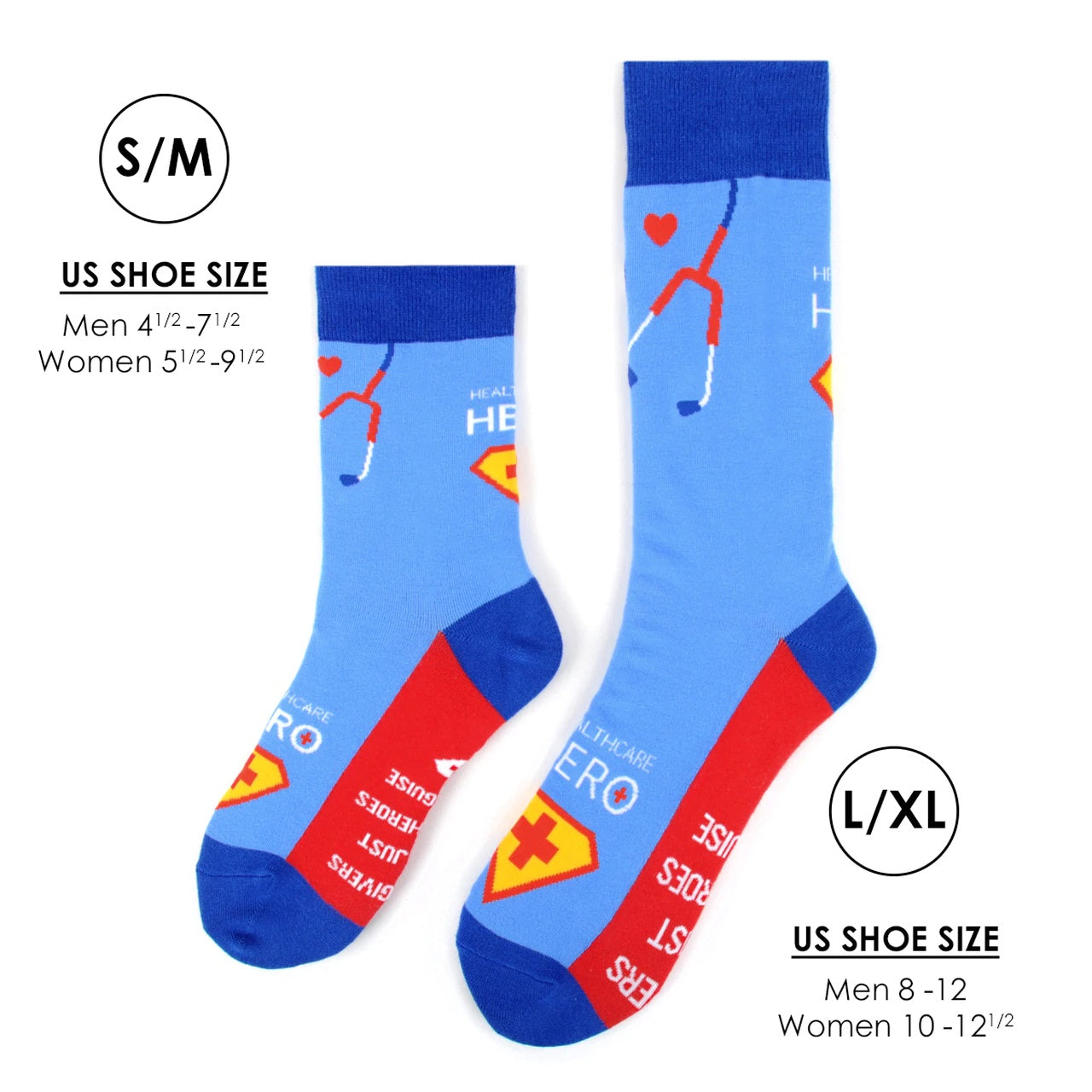 MashasCorner.com   Health Care Heroes -Superheroes- Ultra Premium Socks  Material: 68% cotton, 29% polyester, 3% spandex Sizes: available in S/M and L/XL S/M: men shoe size: 4.5-7.5, ladies shoe size: 5.5-9.5 L/XL: men shoe size: 8-12, ladies shoe size: 10-10.5 Unisex style