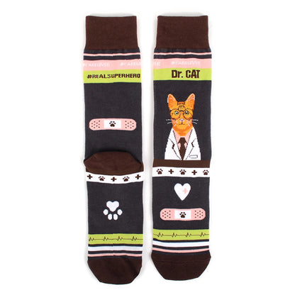 MashasCorner.com   Health Care Heroes -Dr. Cat- Ultra Premium Novelty Socks  Material: 68% cotton, 29% polyester, 3% spandex Sizes: available in S/M and L/XL S/M: men shoe size: 4.5-7.5, ladies shoe size: 5.5-9.5 L/XL: men shoe size: 8-12, ladies shoe size: 10-10.5 Unisex style