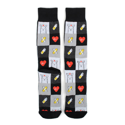 MashasCorner.com   Health Care Heroes -Nurse Llama - Ultra Premium Socks  Material: 68% cotton, 29% polyester, 3% spandex Sizes: available in S/M and L/XL S/M: men shoe size: 4.5-7.5, ladies shoe size: 5.5-9.5 L/XL: men shoe size: 8-12, ladies shoe size: 10-10.5 Unisex style