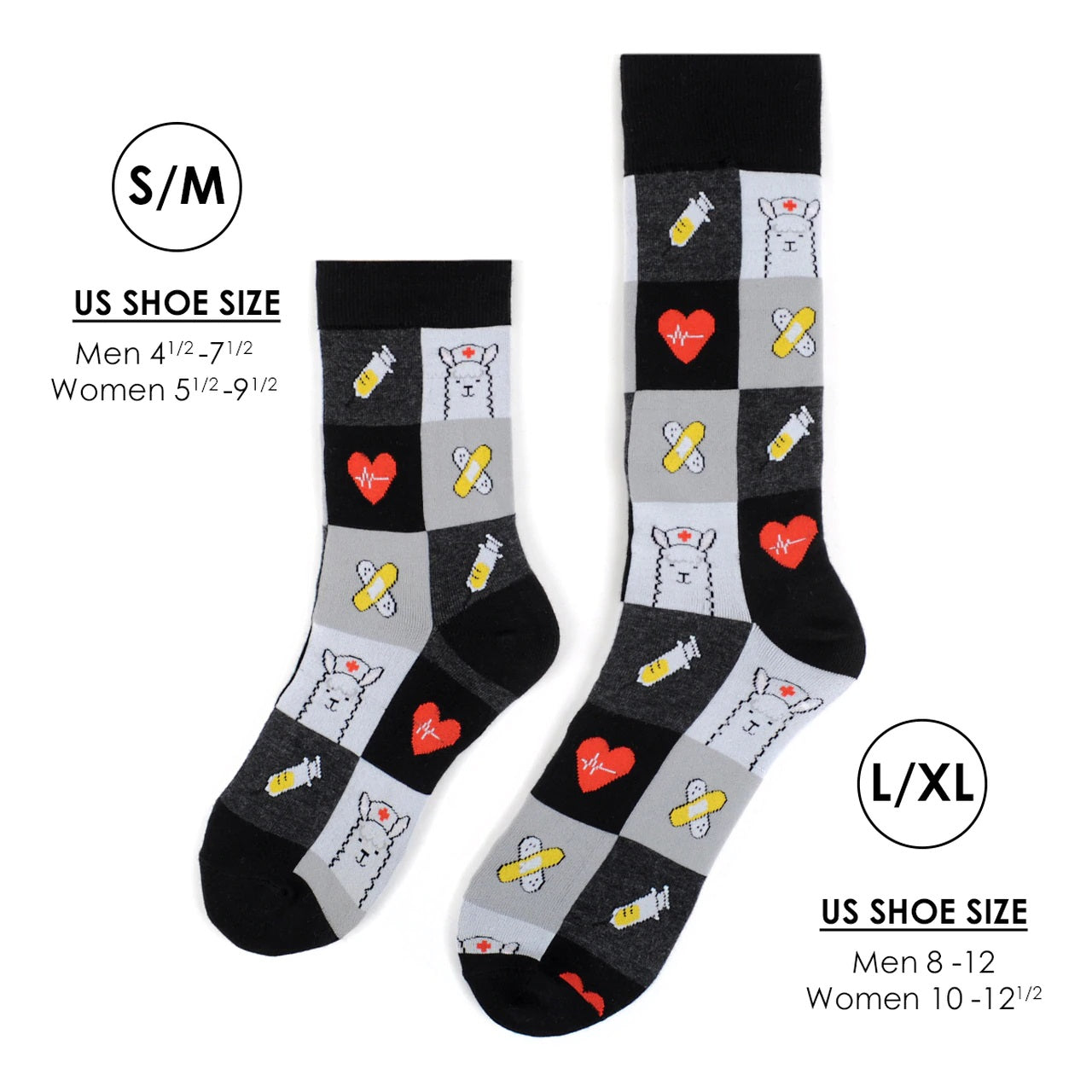 MashasCorner.com   Health Care Heroes -Nurse Llama - Ultra Premium Socks  Material: 68% cotton, 29% polyester, 3% spandex Sizes: available in S/M and L/XL S/M: men shoe size: 4.5-7.5, ladies shoe size: 5.5-9.5 L/XL: men shoe size: 8-12, ladies shoe size: 10-10.5 Unisex style
