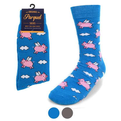 MashasCorner.com   Men's Flying Pig Novelty Socks  Add some fun to your outfit with our Novelty Socks. These socks are perfect for when you have to maintain being a professional but still have that burning desire to be fun & silly! With a majority of 70% Cotton, these socks are super soft & comfy.  70% cotton, 25% polyester 5% spandex Sock size: 10-13 Shoe size: 6-12.5 Machine wash, tumble dry low Imported