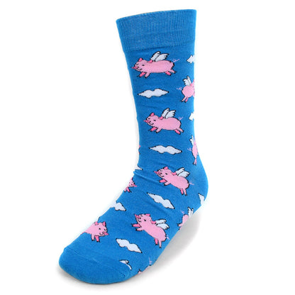 MashasCorner.com   Men's Flying Pig Novelty Socks  Add some fun to your outfit with our Novelty Socks. These socks are perfect for when you have to maintain being a professional but still have that burning desire to be fun & silly! With a majority of 70% Cotton, these socks are super soft & comfy.  70% cotton, 25% polyester 5% spandex Sock size: 10-13 Shoe size: 6-12.5 Machine wash, tumble dry low Imported