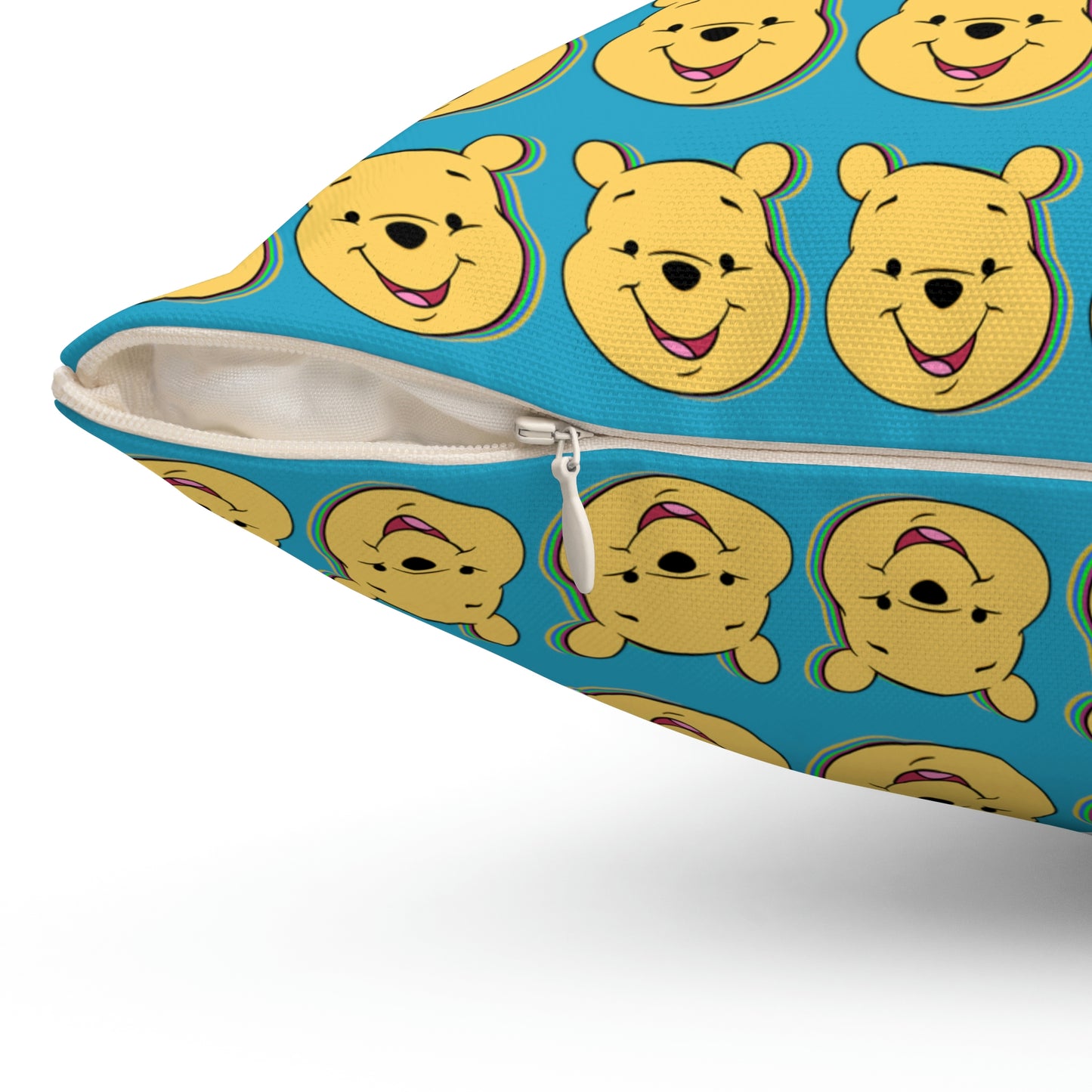 Spun Polyester Square Pillow Case “Trip Pooh on Turquoise”