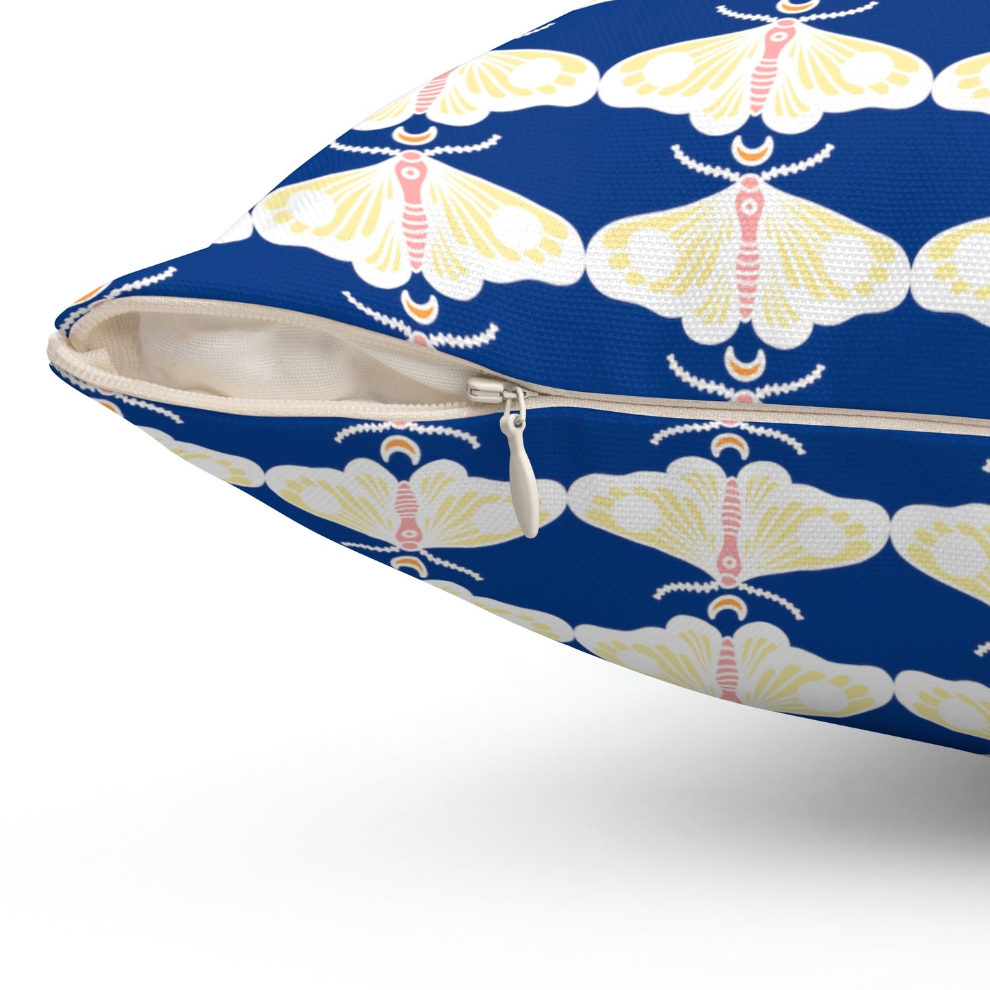 Spun Polyester Square Pillow Case “Moth White Pattern on Dark Blue”