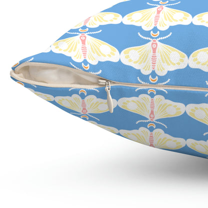 Spun Polyester Square Pillow Case “Moth White Pattern on Light Blue”