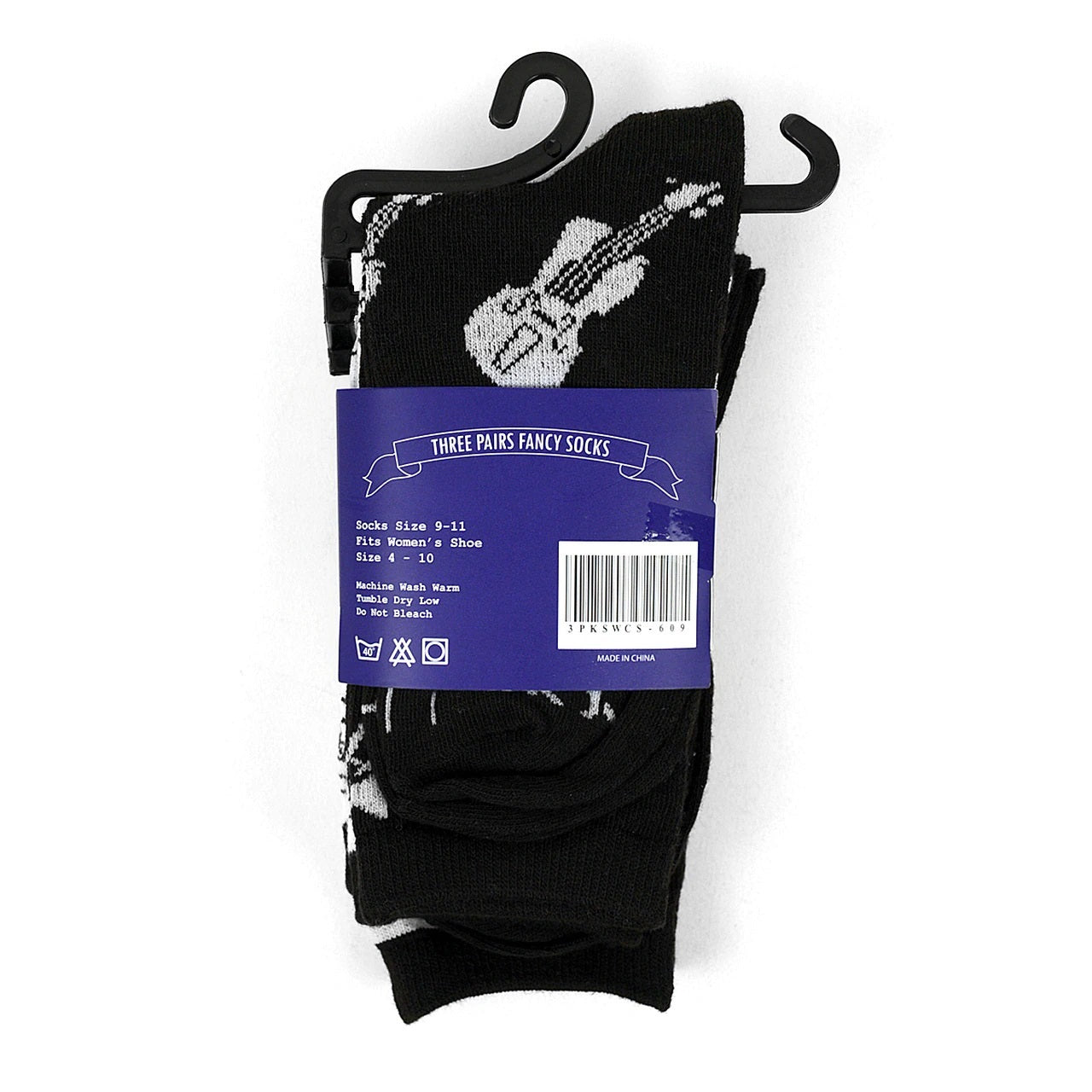 3 pairs Women's Music Theme Novelty Socks  Add some fun to your outfit with our Novelty Socks. This 3 Pack of womens novelty crew socks features a musical theme. These socks are perfect for anyone musical in your life! The socks in this pack have a pair with musical instruments pattern, a piano keys print, and a music notes pattern.  3 pairs per pack 3 different styles 98% Polyester, 2% Spandex Women's 4-10 shoe size Machine wash, tumble dry low Imported