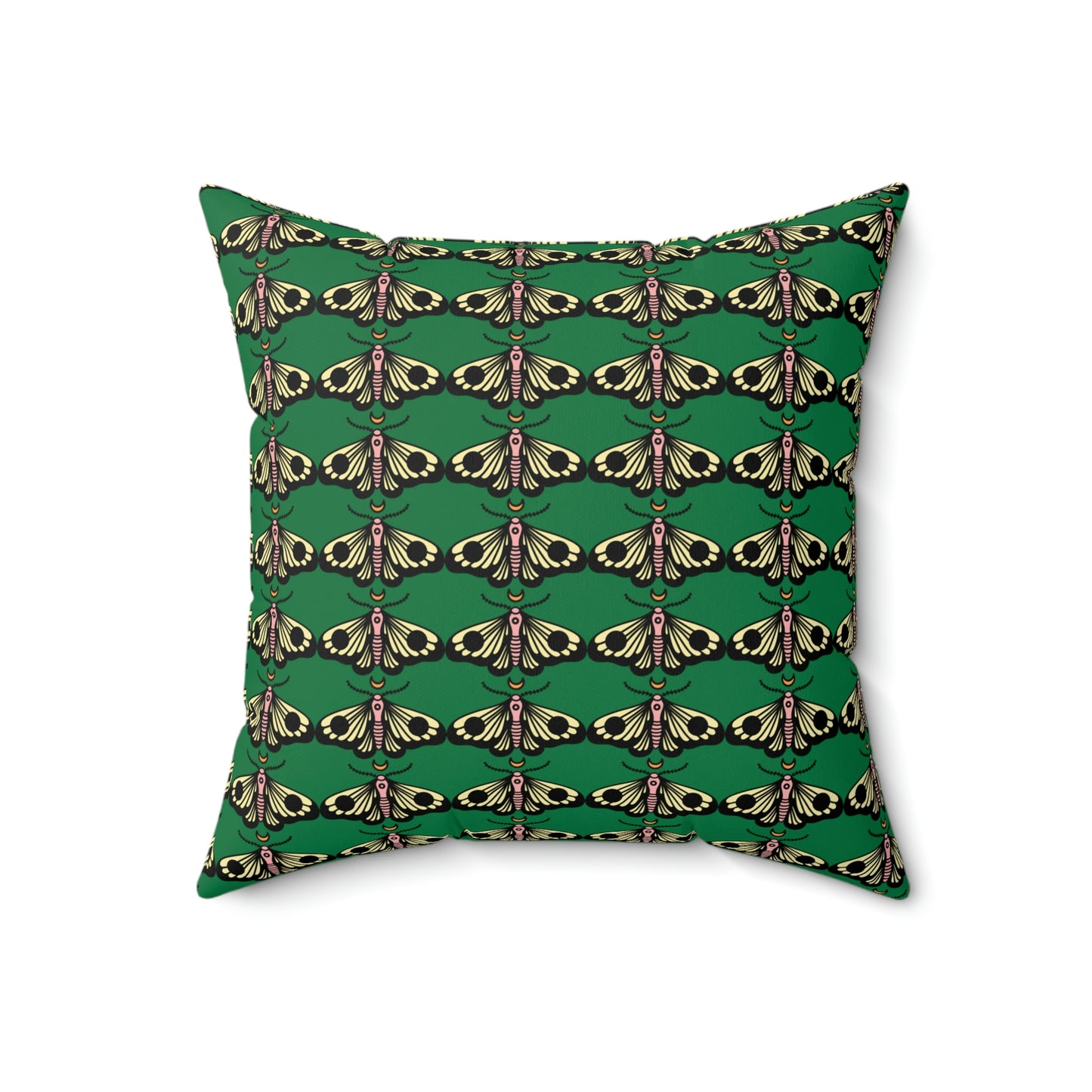 Spun Polyester Square Pillow Case “Moth Black Pattern on Dark Green”