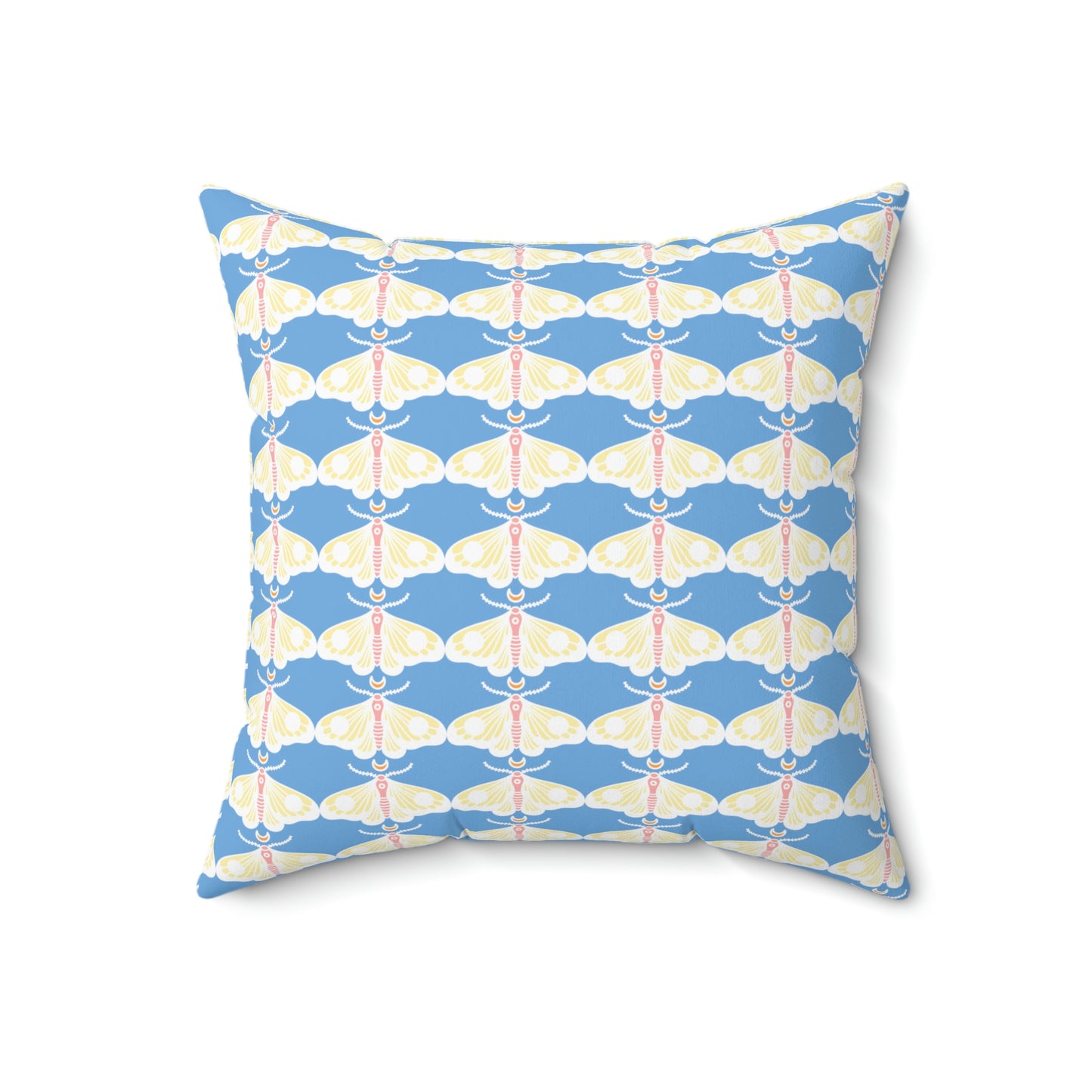 Spun Polyester Square Pillow Case “Moth White Pattern on Light Blue”