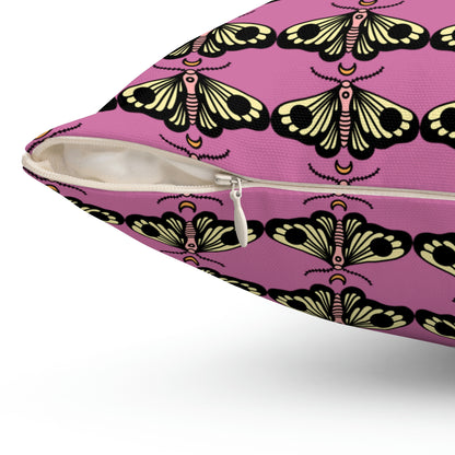 Spun Polyester Square Pillow Case “Moth Black Pattern on Light Pink”