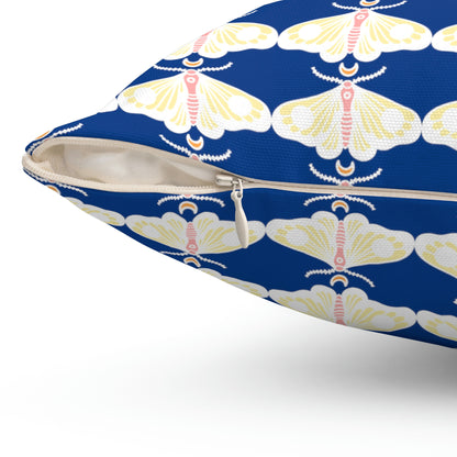 Spun Polyester Square Pillow Case “Moth White Pattern on Dark Blue”